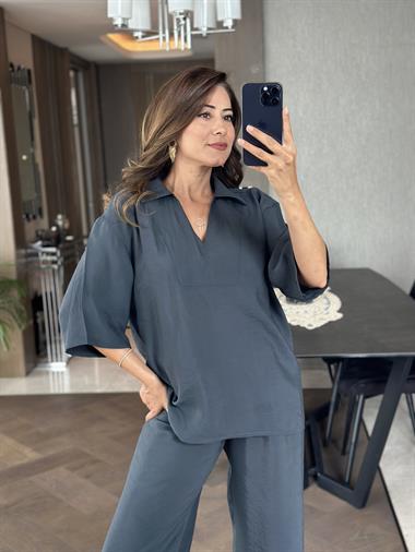 Füme Oversize Kısa Kol Gömlek Yaka Tnsel İkili Kadın İkili Takım