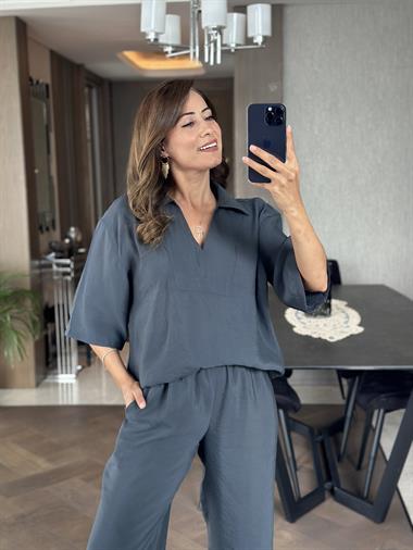 Füme Oversize Kısa Kol Gömlek Yaka Tnsel İkili Kadın İkili Takım