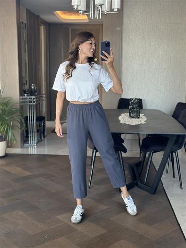 Füme Paçası Dikiş Detay Beli Lastikli Cepli Keten Kadın Pantolon