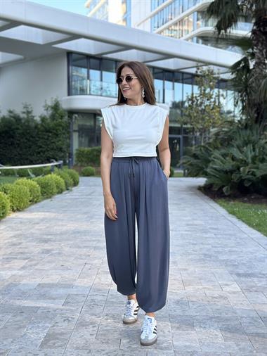 Füme Pileli Bağcıklı Kadın Şalvar  Pantolon