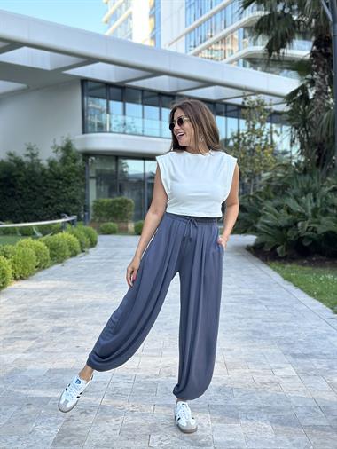Füme Pileli Bağcıklı Kadın Şalvar  Pantolon