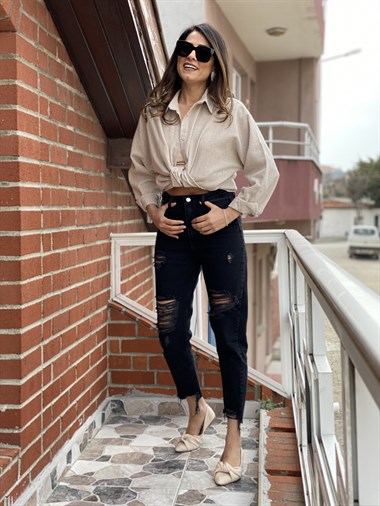 Füme Poema Yırtık Detay Mom Jean