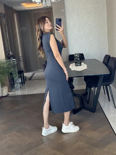 Füme Sıfır Kol Bisiklet Yaka Vatka Görünümlü  Kaşkorse Kadın Elbise 