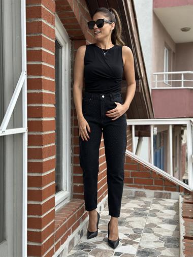 Füme Siyah Taş Baskılı Mom Kadın Jean Pantolon