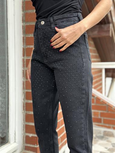 Füme Siyah Taş Baskılı Mom Kadın Jean Pantolon
