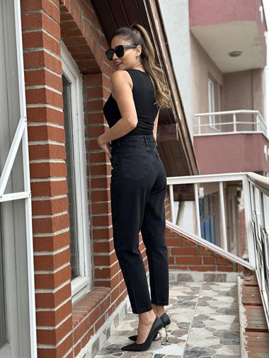 Füme Siyah Taş Baskılı Mom Kadın Jean Pantolon