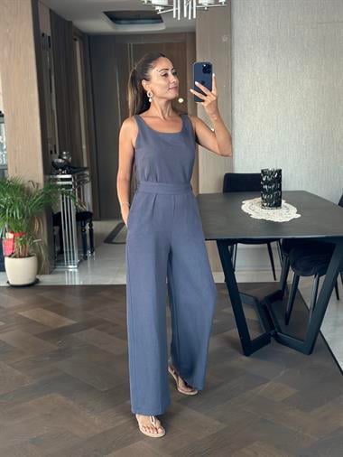 Füme U Yaka Kuşaklı Sırtı Fermuarlı Geniş Paça Kadın Keten Tulum