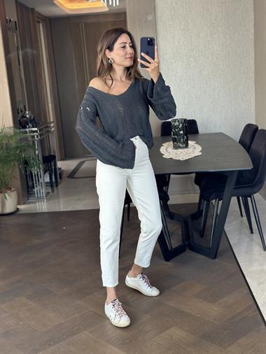 Füme V Yaka Dekolteli Geniş Kol Triko Kadın Kazak