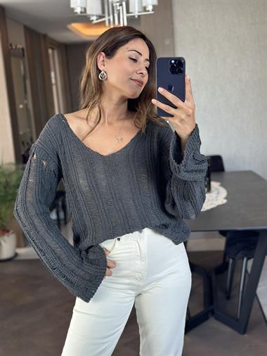 Füme V Yaka Dekolteli Geniş Kol Triko Kadın Kazak