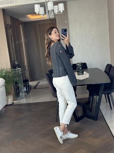 Füme V Yaka Dekolteli Geniş Kol Triko Kadın Kazak