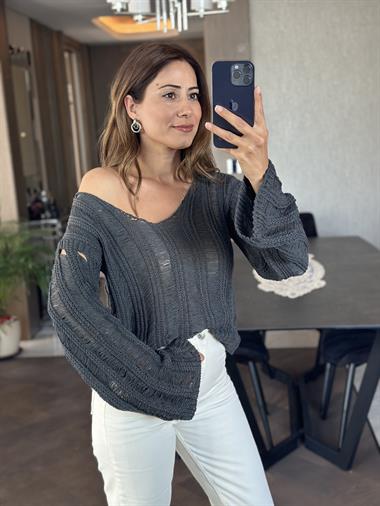 Füme V Yaka Dekolteli Geniş Kol Triko Kadın Kazak