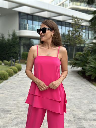 Fuşya Ayarlanabilir Askılı Çift Katlı Bluz Pantolon İkili Kadın Takım