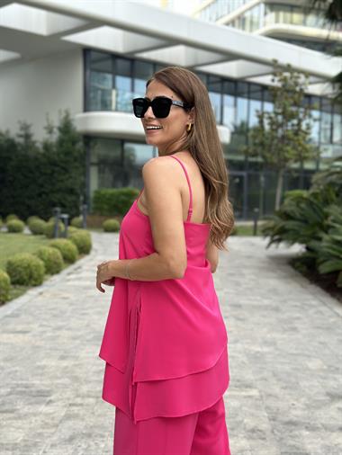 Fuşya Ayarlanabilir Askılı Çift Katlı Bluz Pantolon İkili Kadın Takım