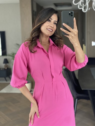 Fuşya Bel Pilili Kuşaklı Elbise