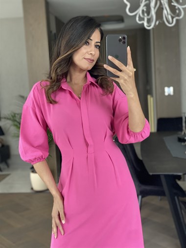 Fuşya Bel Pilili Kuşaklı Elbise