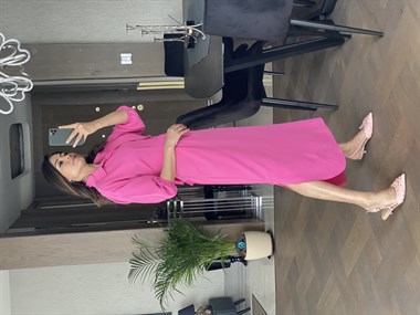 Fuşya Bel Pilili Kuşaklı Elbise