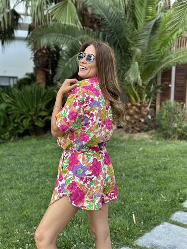 Fuşya Çiçek Desenli ÇıtÇıt Detaylı Kadın Şortlu İkili Takım