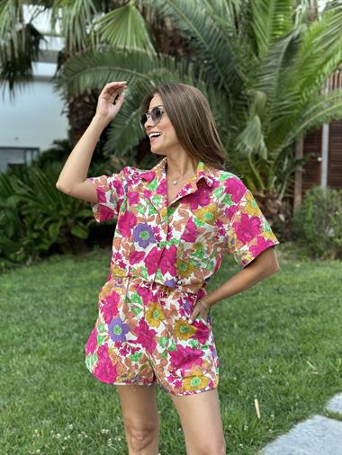Fuşya Çiçek Desenli ÇıtÇıt Detaylı Kadın Şortlu İkili Takım