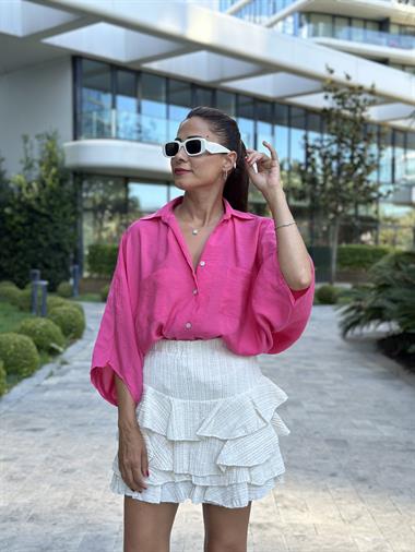 Fuşya Çift Cepli Yarasa Kol Tnsel Kadın Gömlek