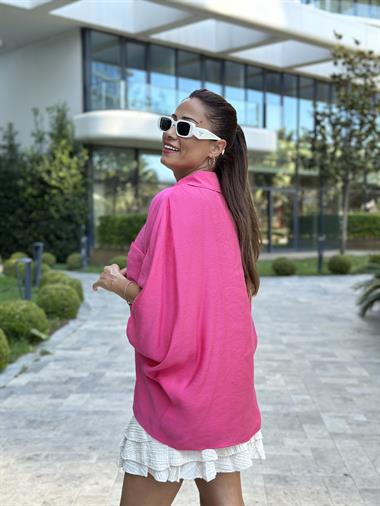 Fuşya Çift Cepli Yarasa Kol Tnsel Kadın Gömlek