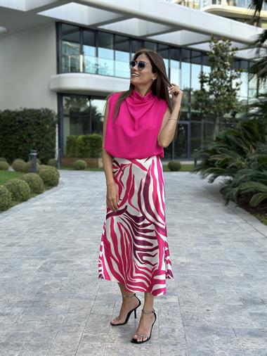 Fuşya Degaje Yaka Vatkalı Kadın Bluz