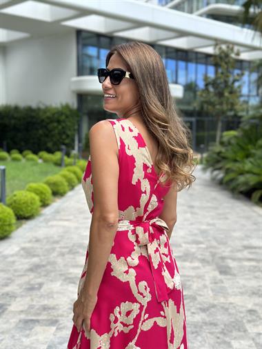 Fuşya Desenli Ön Arka V Yaka Kolsuz Viskon Kadın Elbise