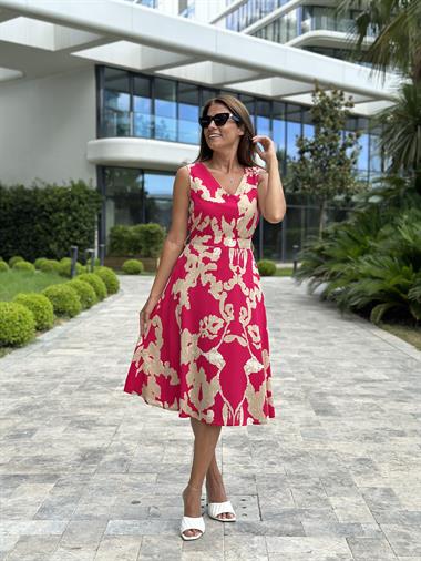 Fuşya Desenli Ön Arka V Yaka Kolsuz Viskon Kadın Elbise