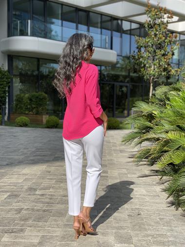 Fuşya Gömlek Yaka Yarasa Kol Aerobin Kadın Bluz