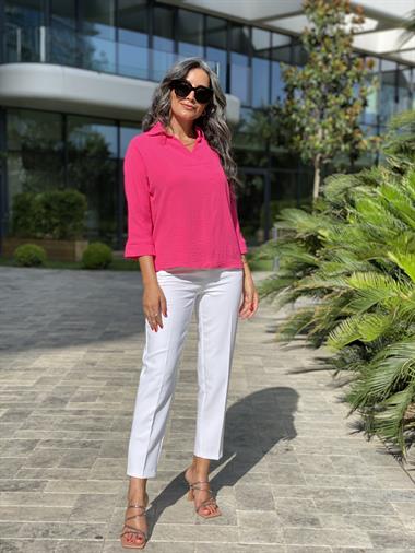 Fuşya Gömlek Yaka Yarasa Kol Aerobin Kadın Bluz