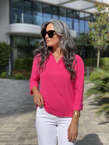 Fuşya Gömlek Yaka Yarasa Kol Aerobin Kadın Bluz