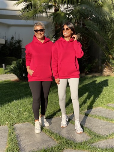 Fuşya Kapüşonlu Üç İplik Kanguru Cep Kadın Sweatshirt