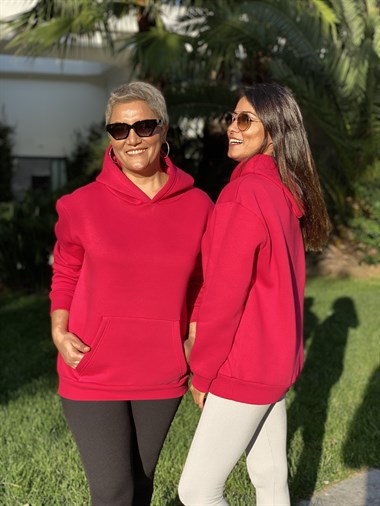 Fuşya Kapüşonlu Üç İplik Kanguru Cep Kadın Sweatshirt