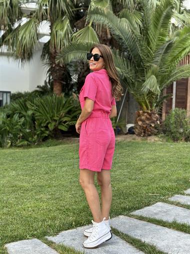 Fuşya Kısa Kol Çıtçıt Düğmeli Keten Kadın Şort Tulum