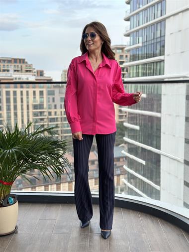 Fuşya Kol İşlemeli Manşeti Taş Düğmeli Kadın Gömlek