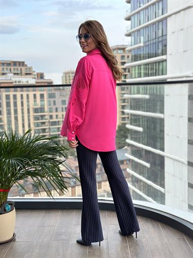 Fuşya Kol İşlemeli Manşeti Taş Düğmeli Kadın Gömlek