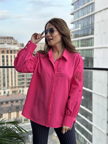 Fuşya Kol İşlemeli Manşeti Taş Düğmeli Kadın Gömlek