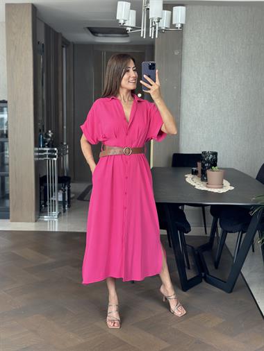 Fuşya Ön Ve Arka Pileli Kısa Kol Kemerli Kadın Gömlek Elbise