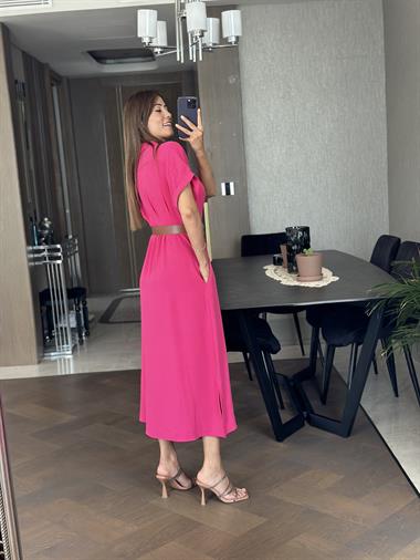 Fuşya Ön Ve Arka Pileli Kısa Kol Kemerli Kadın Gömlek Elbise