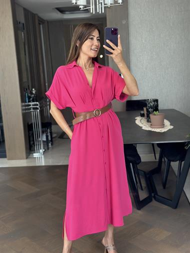 Fuşya Ön Ve Arka Pileli Kısa Kol Kemerli Kadın Gömlek Elbise