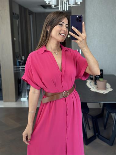 Fuşya Ön Ve Arka Pileli Kısa Kol Kemerli Kadın Gömlek Elbise