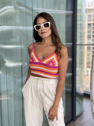 Fuşya Orange Çizgili Triko Kadın Büstiyer