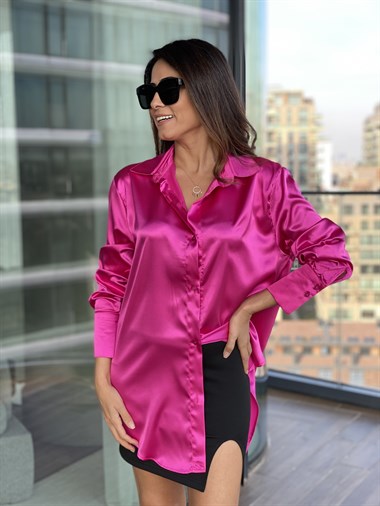 Fuşya Oversize Saten Gömlek