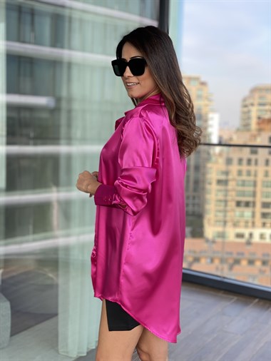 Fuşya Oversize Saten Gömlek