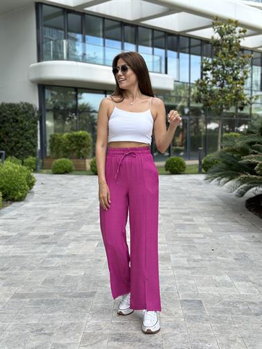 Fuşya Paçası Yırtmaçlı Bağcıklı Tin Tin Kadın Pantolon