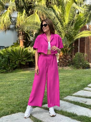 Fuşya Tin Tin Crop Gömlek Pantolon Kadın İkili Takım