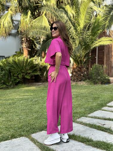 Fuşya Tin Tin Crop Gömlek Pantolon Kadın İkili Takım