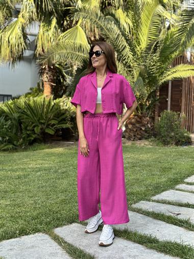 Fuşya Tin Tin Crop Gömlek Pantolon Kadın İkili Takım
