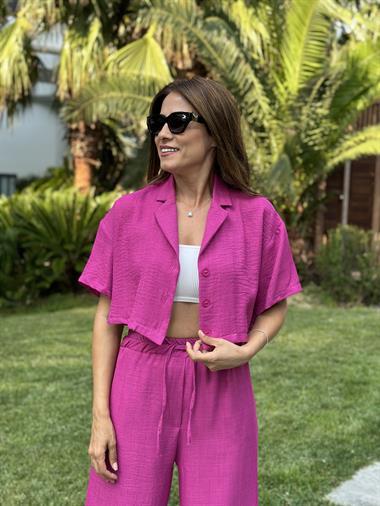 Fuşya Tin Tin Crop Gömlek Pantolon Kadın İkili Takım