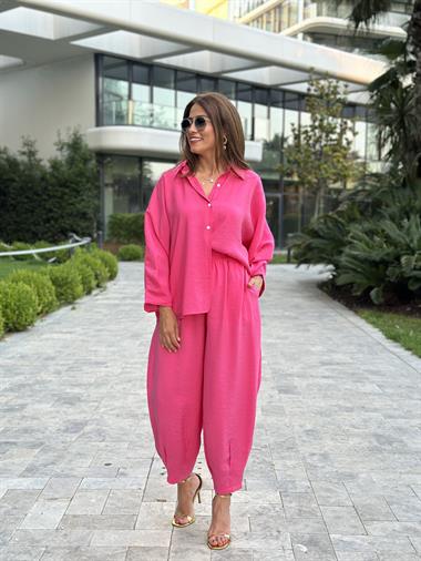 Fuşya Truvakar Kol Gömlek Balon Pantolon Kadın Tnsel Alt Üst Takım