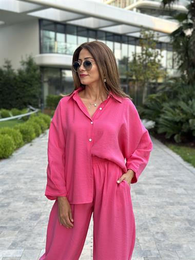 Fuşya Truvakar Kol Gömlek Balon Pantolon Kadın Tnsel Alt Üst Takım